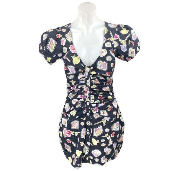 Free People Black Floral Sticker Short Sleeve Vneck Ruched Mini Bodycon Dress XS - Picture 1 of 6